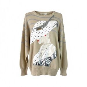 Vtg Albee Novelty Sweater M | 80s Glam Woman Pearl Appliqué Tan Metallic Knit